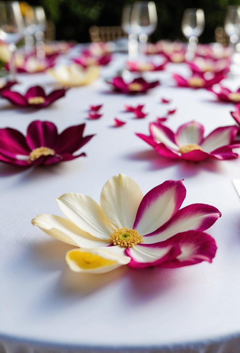 Silk flower petals arranged in a personalized pattern on a wedding table