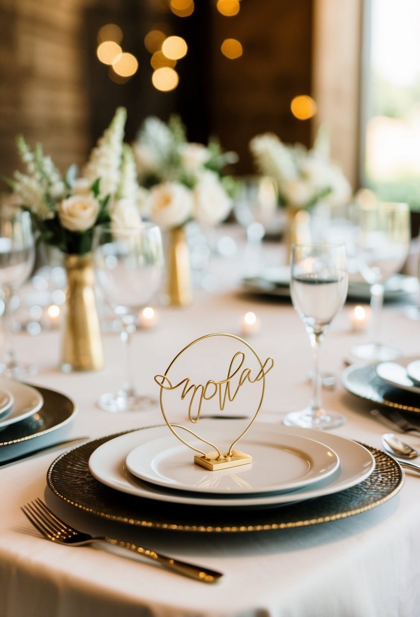 A table set with personalized wire name place holders for a wedding, each delicately crafted and arranged in front of individual place settings