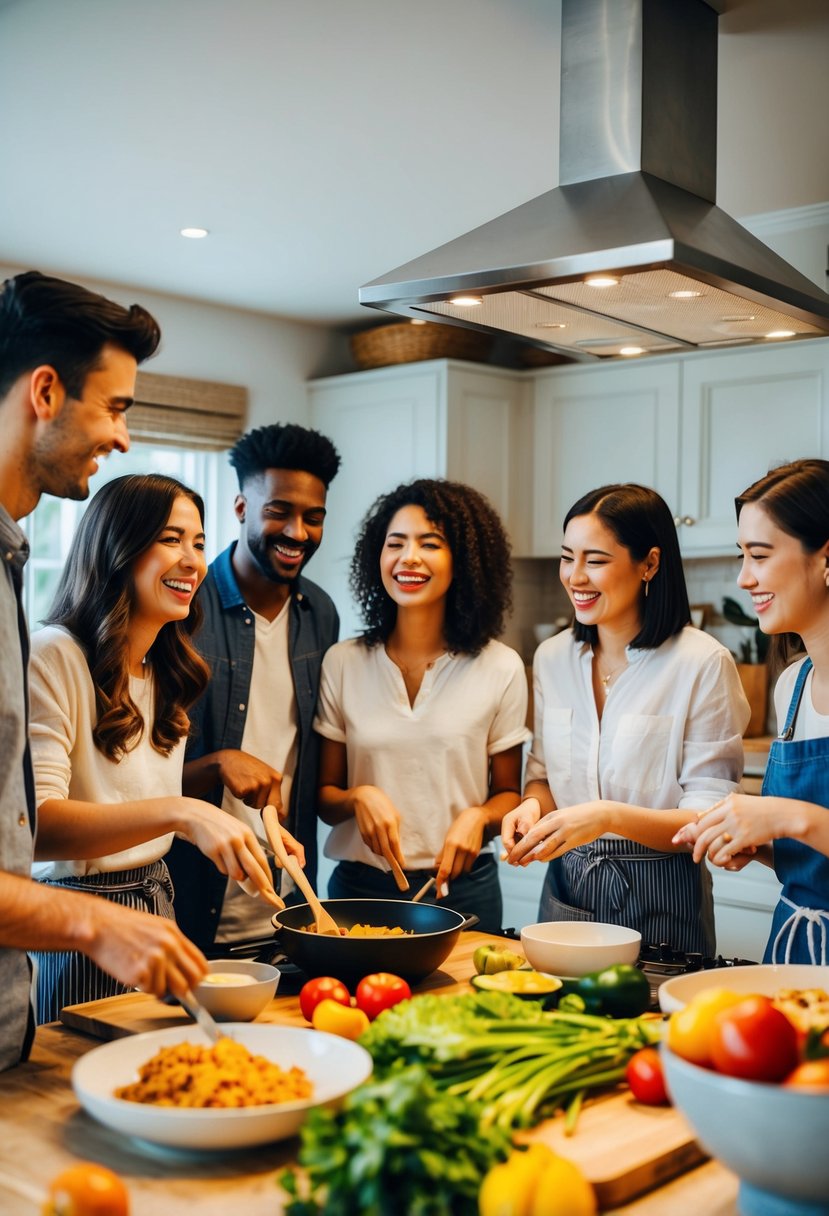 A group of friends gather in a cozy kitchen, laughing and chatting as they learn to cook together. The room is filled with the delicious aroma of food being prepared