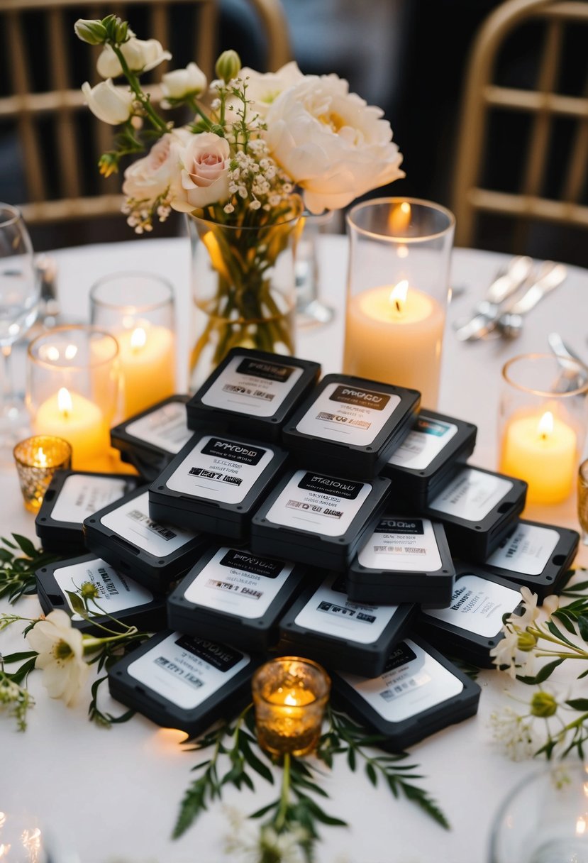 A cluster of photo memory cards arranged as centerpieces on a wedding table, surrounded by delicate flowers and flickering candlelight