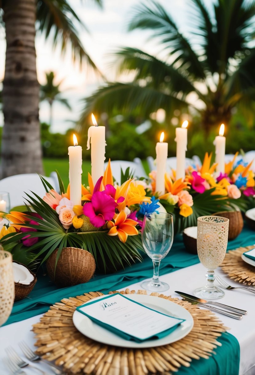 A tropical-themed wedding table with vibrant floral centerpieces, coconut candle holders, and seashell accents