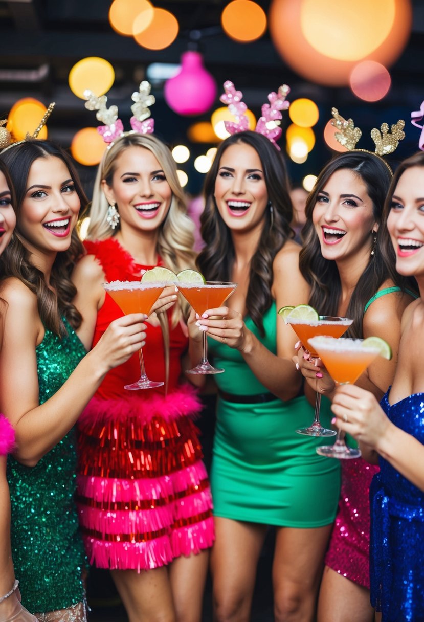 A group of women in festive costumes sipping cocktails at a lively bachelorette party