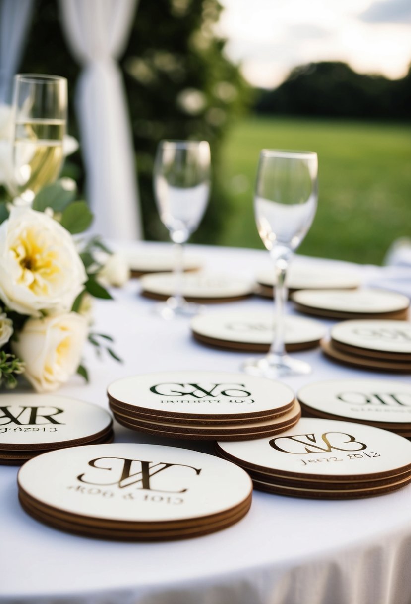 Custom coasters with intertwined initials and wedding date, arranged on a beautifully set wedding table