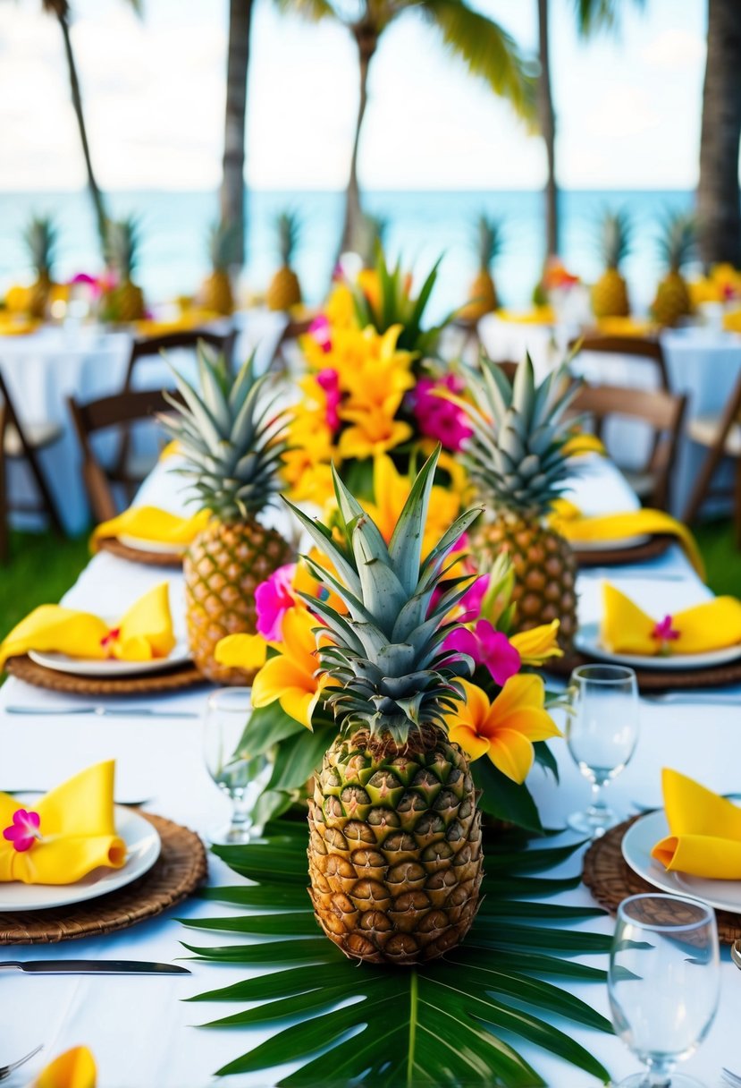 A tropical table adorned with pineapple centerpieces and vibrant floral accents for a Hawaiian wedding celebration