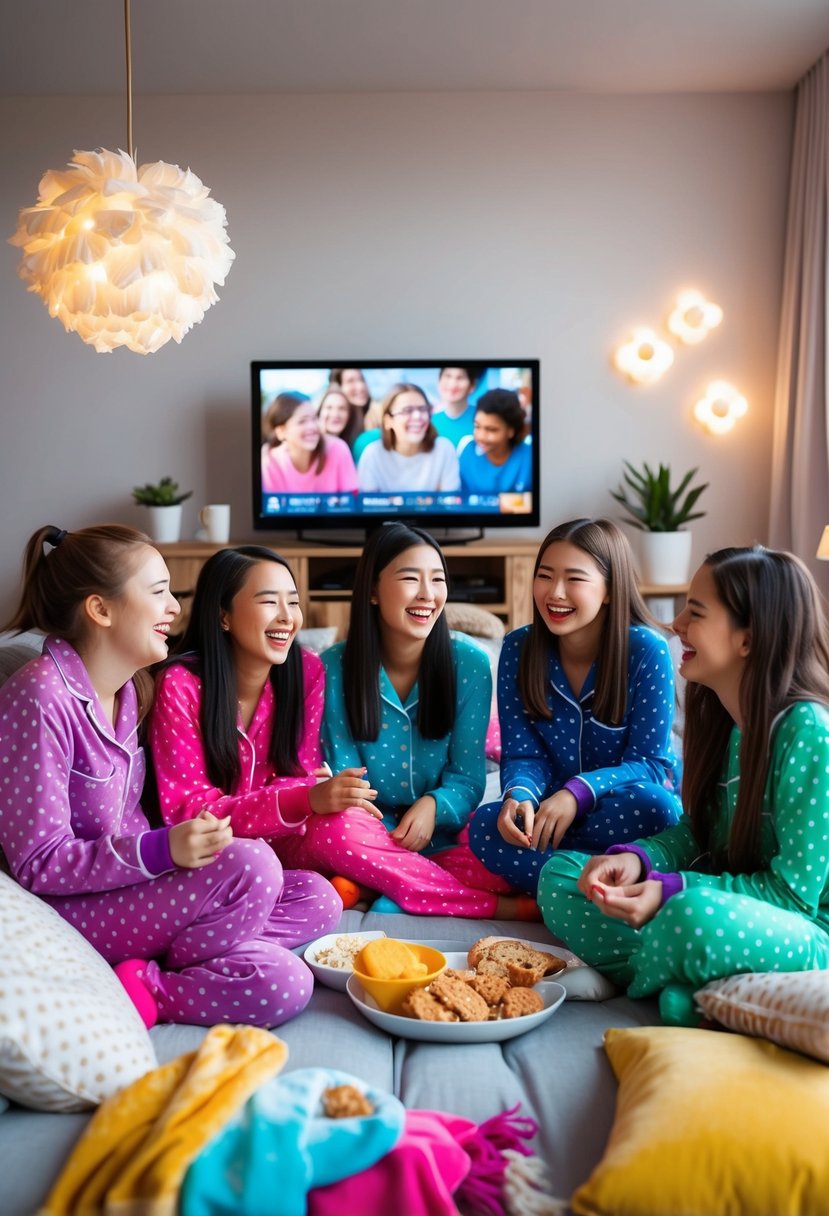 A cozy living room filled with giggling friends in colorful pajamas, surrounded by pillows, blankets, and snacks. A movie plays on the TV while the girls chat and enjoy each other's company