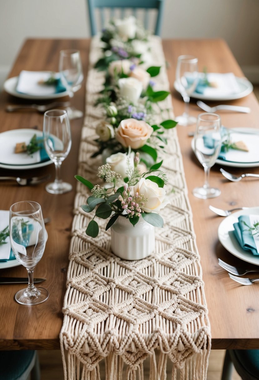 A handcrafted macrame table runner adorned with personalized wedding details and delicate floral accents