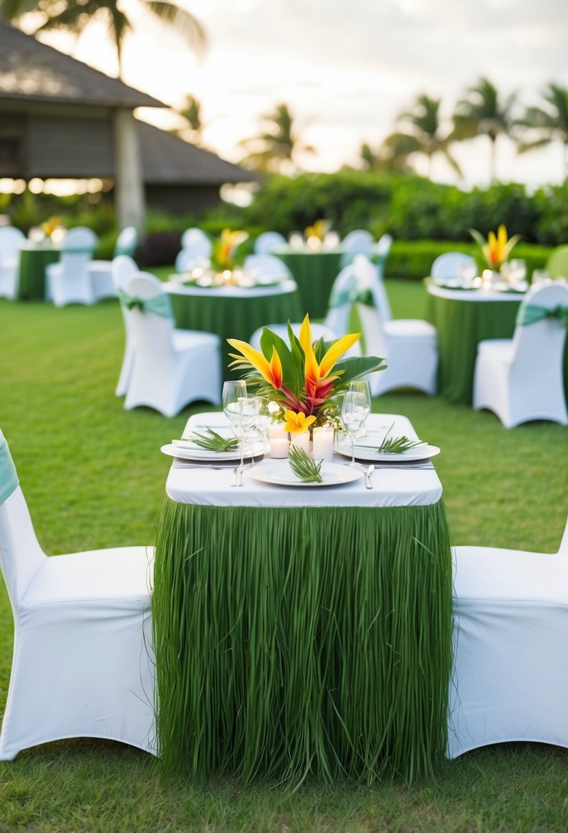 A table adorned with grass skirting, set for a Hawaiian wedding celebration