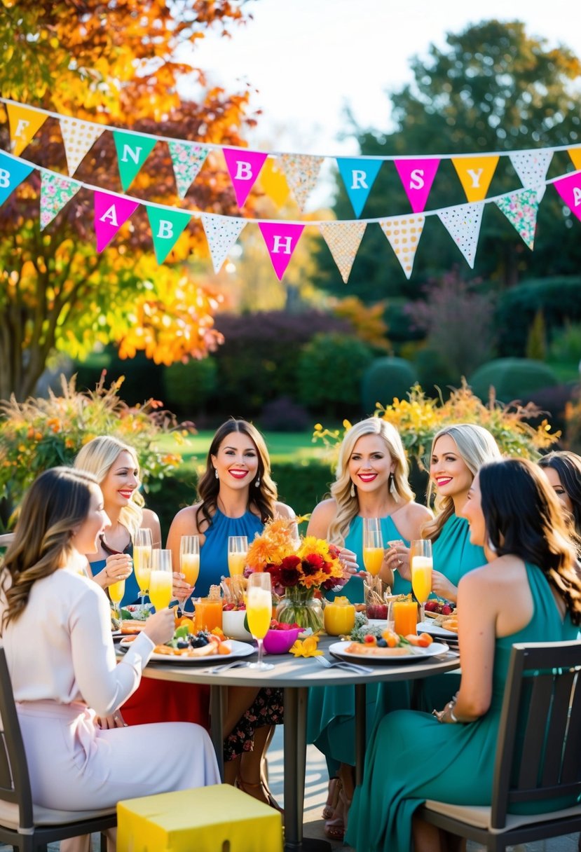 A group of bachelorettes enjoy a brunch spread with champagne and colorful cocktails at an outdoor patio decorated with fall foliage and festive banners