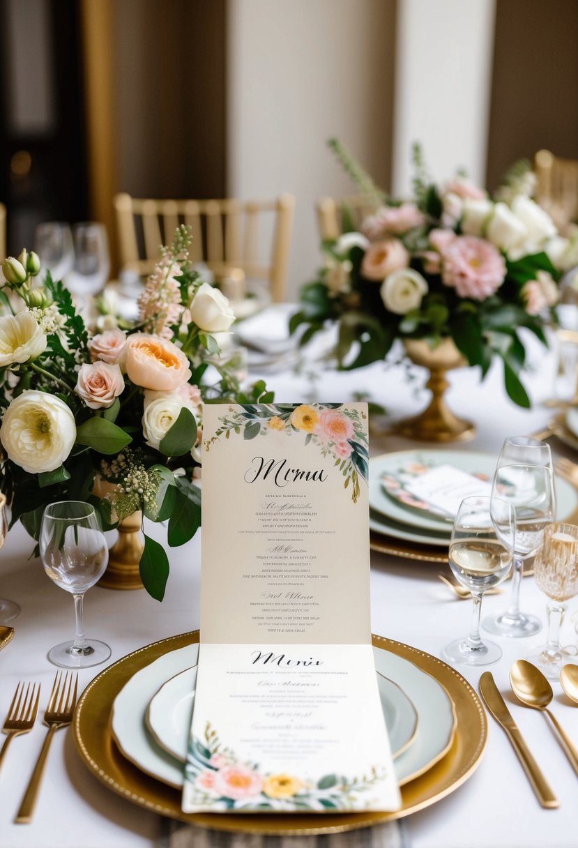 A beautifully decorated table with personalized illustrated menus, surrounded by floral centerpieces and elegant table settings