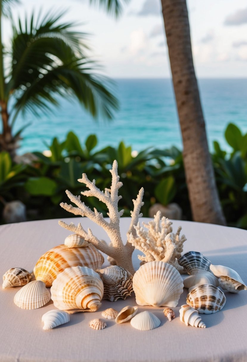 A table adorned with seashells and coral, set against a backdrop of tropical foliage and ocean views