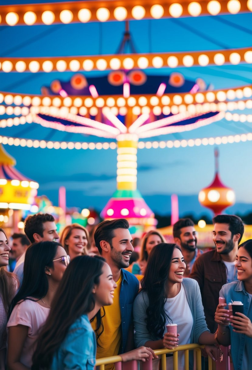 Brightly lit amusement park at dusk, with colorful rides and games. Laughter and music fill the air as groups of friends celebrate