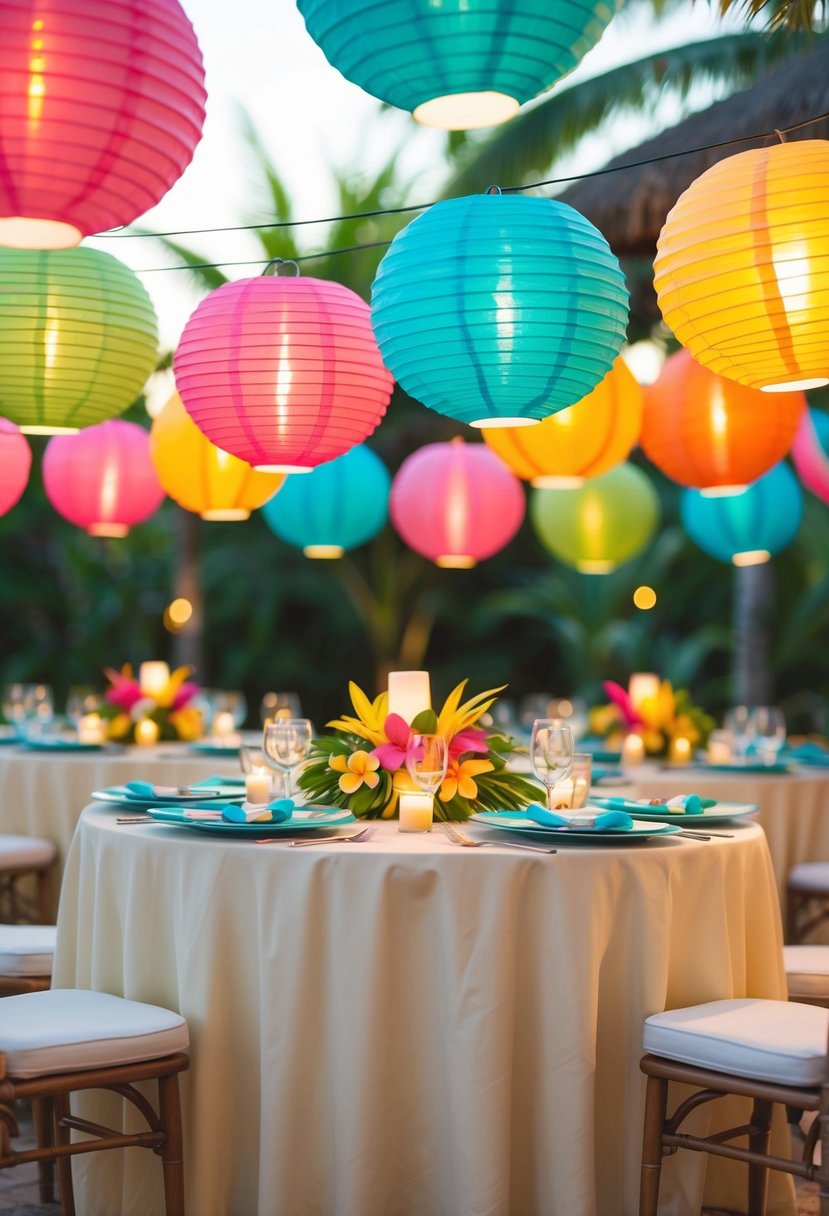 Colorful paper lanterns hang above a festive Hawaiian wedding table, casting a warm glow over the tropical decorations