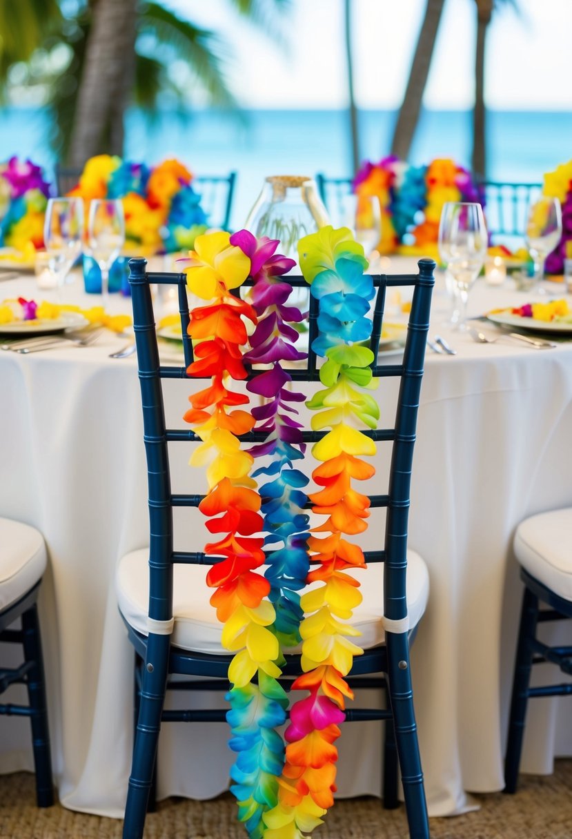 Colorful Hawaiian leis draped across chairs at a tropical wedding reception table