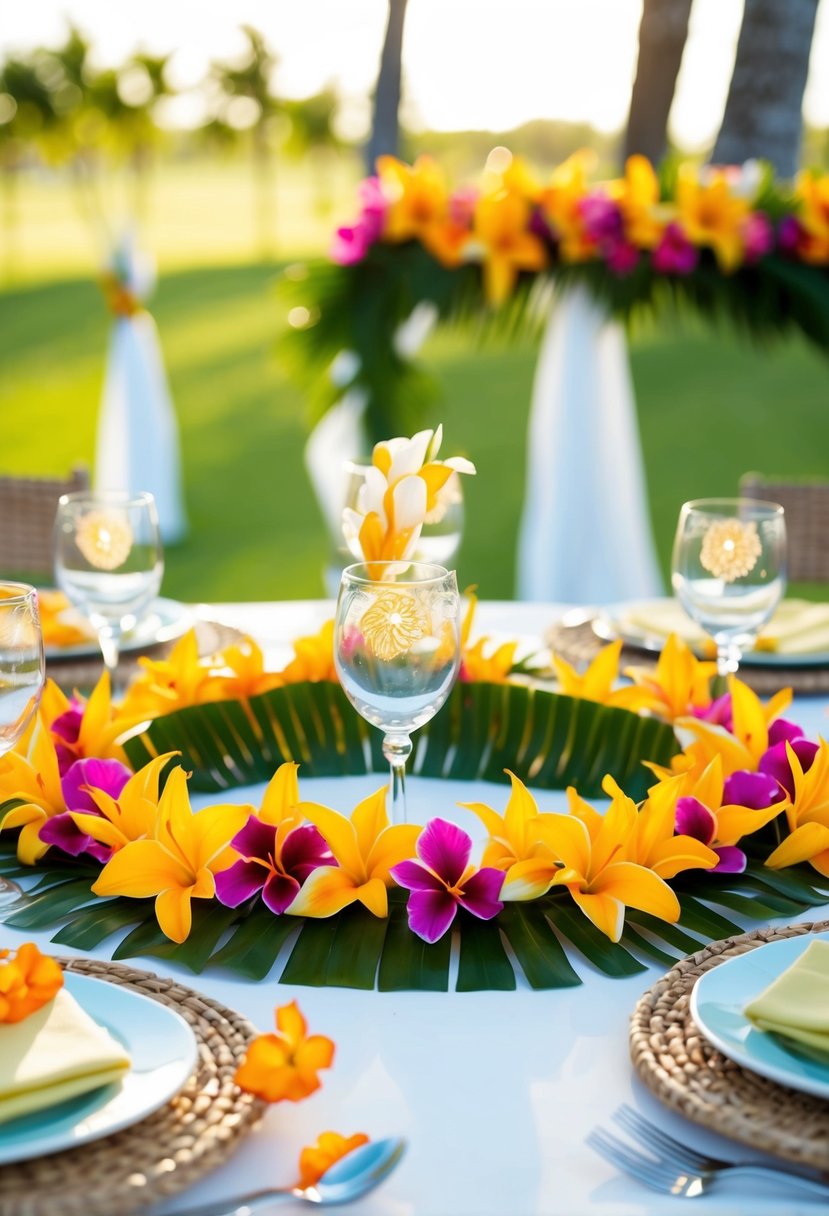 Bright tropical flowers encircle table settings in a Hawaiian wedding theme