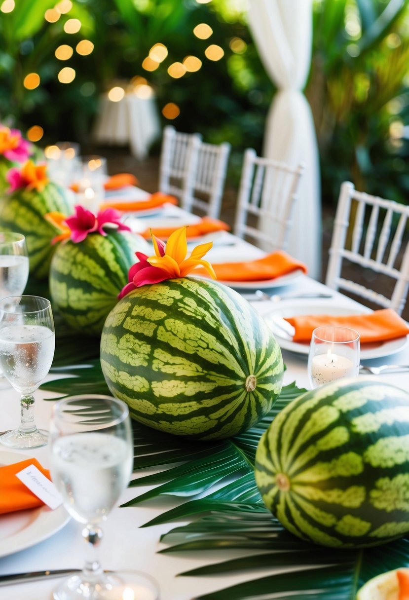 A tropical-themed wedding table with intricately carved watermelons as decorative centerpieces