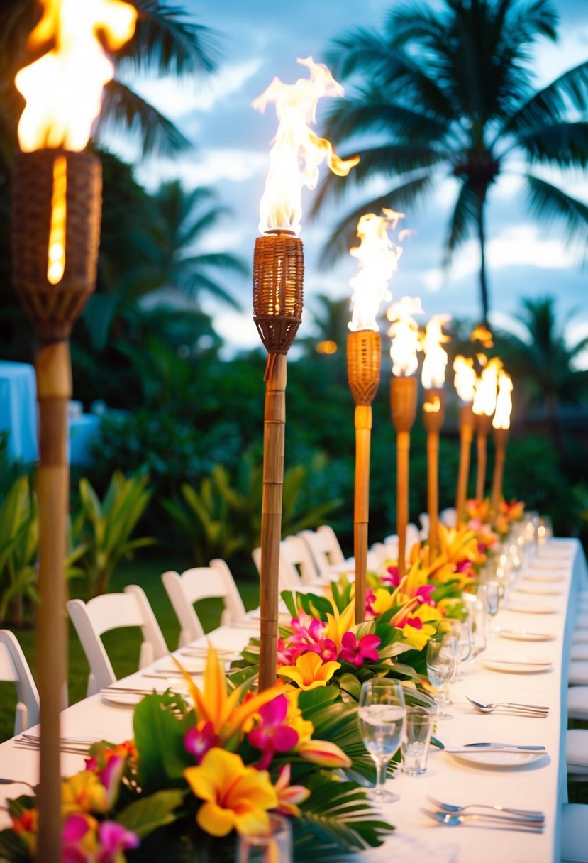 Tiki torches illuminate a tropical wedding table, surrounded by vibrant flowers and lush greenery