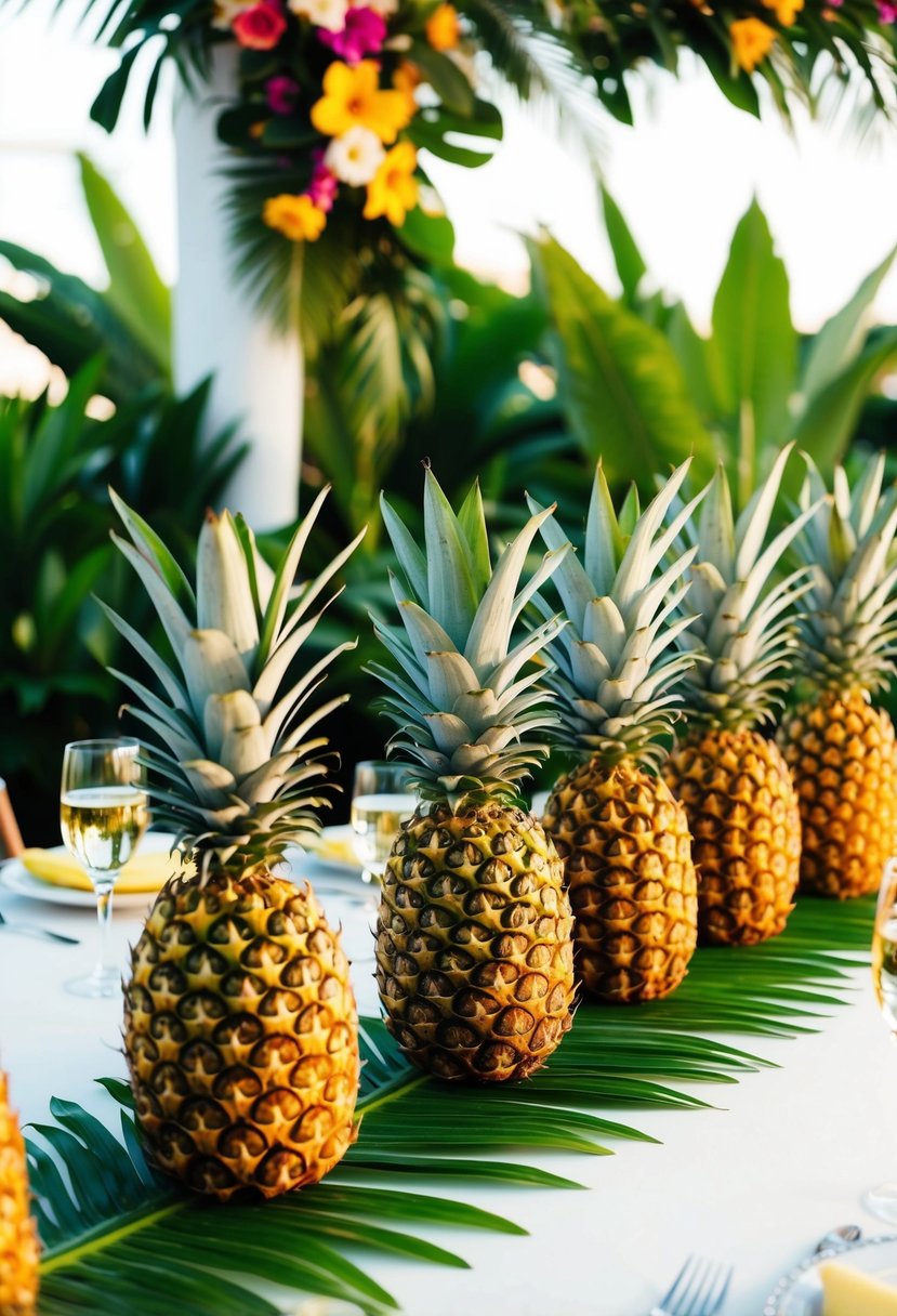 Golden pineapples arranged on a tropical-themed wedding table, surrounded by lush greenery and vibrant flowers