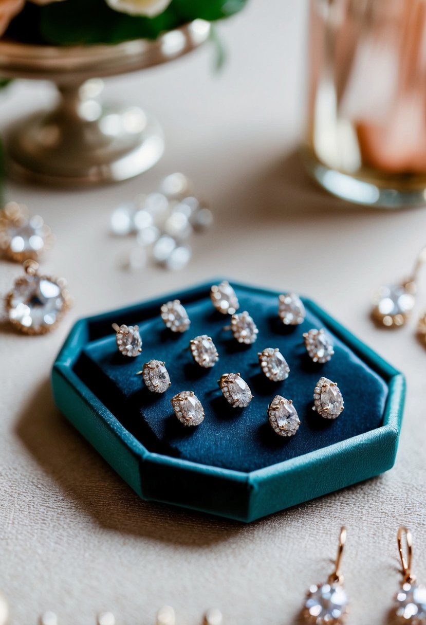 A selection of elegant bridesmaid wedding earrings displayed on a velvet-lined tray, catching the light with their sparkling gemstones and delicate designs