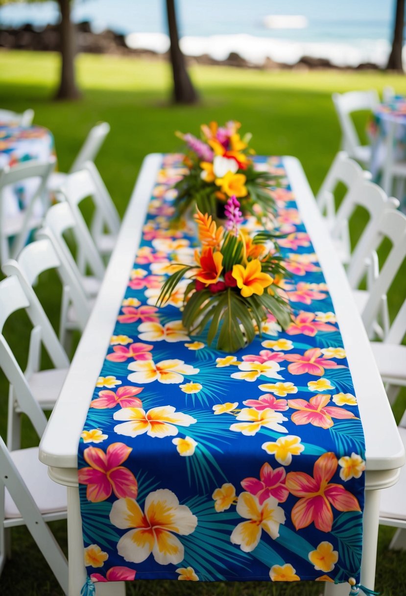 A table adorned with vibrant Hawaiian print table runners for a wedding celebration in Hawaii