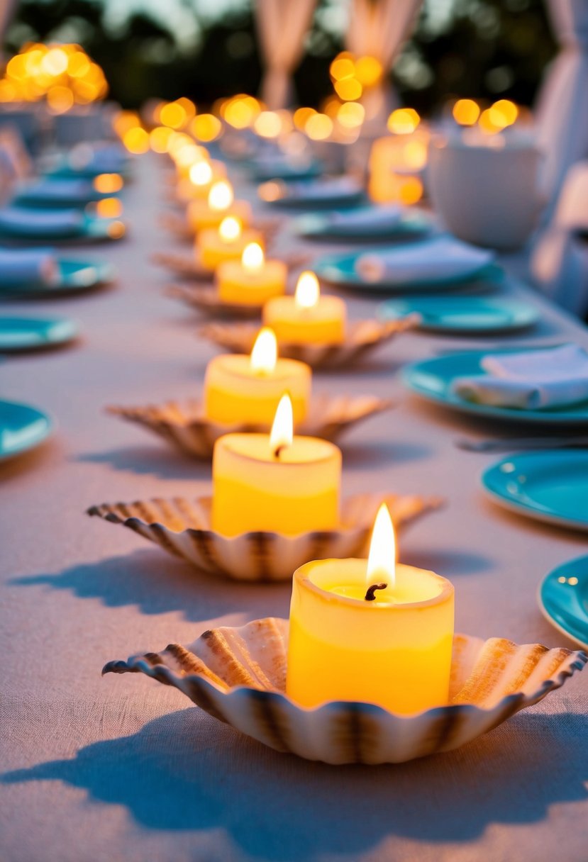 Tea lights in seashells illuminate a Hawaiian wedding table, casting a warm glow on the beach-themed decor