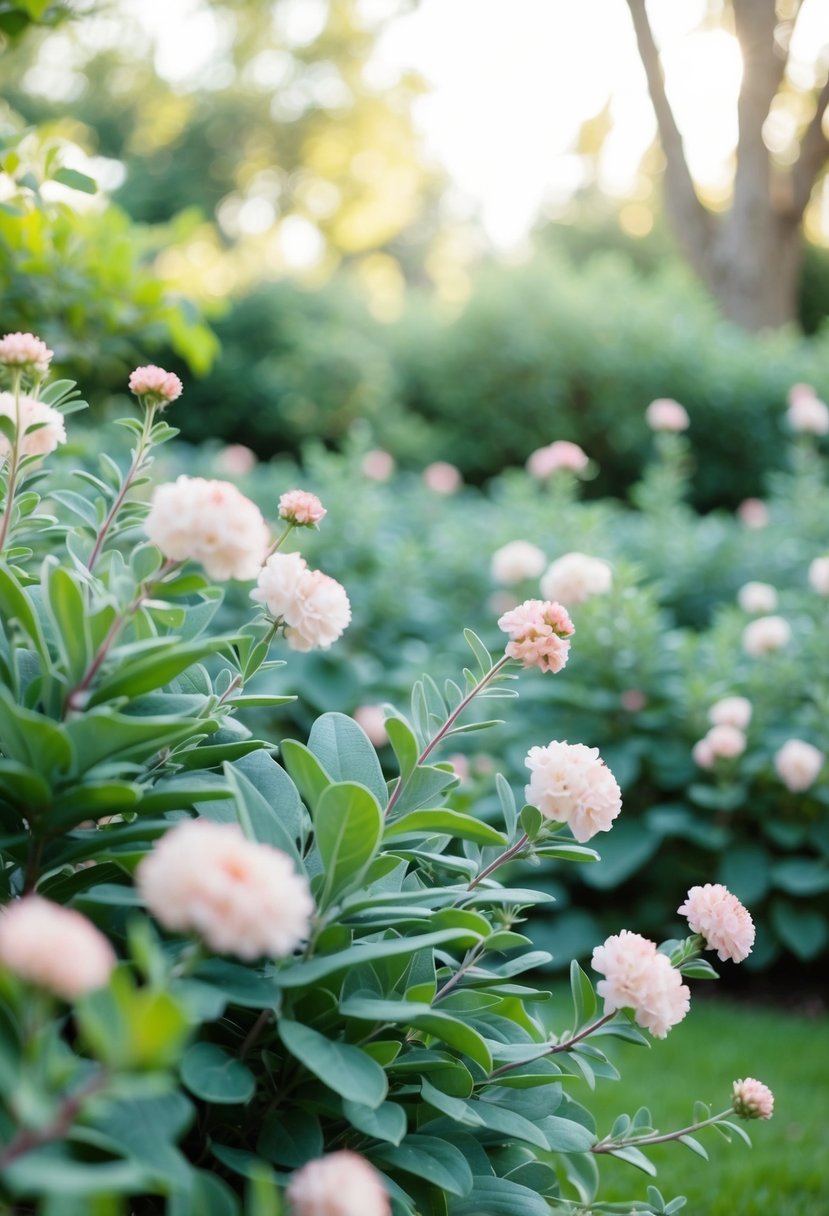 A serene garden adorned with sage green foliage and blush pink flowers, set against a backdrop of soft sunlight filtering through the trees