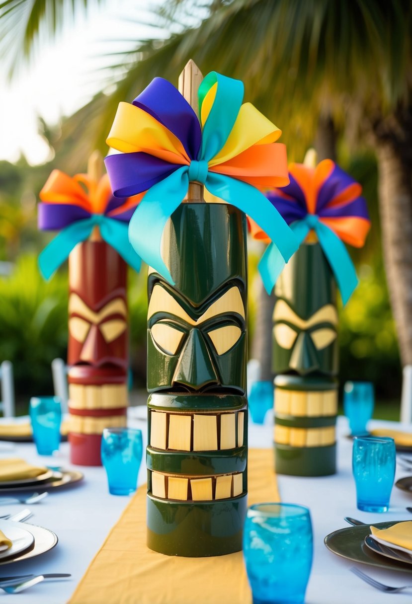 Colorful ribbons adorn tiki placeholders on a tropical wedding table