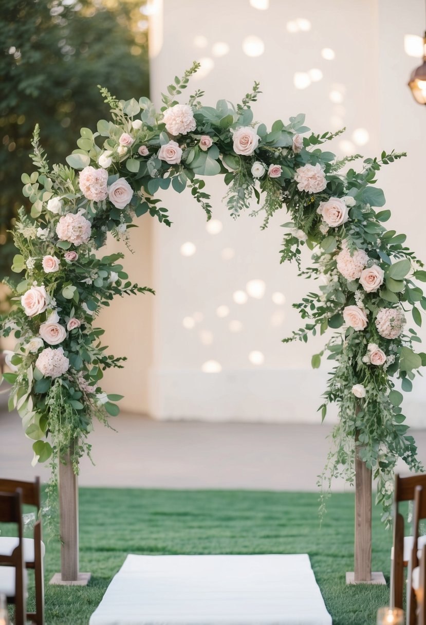 A floral arch with sage green and blush pink flowers in a wedding setting