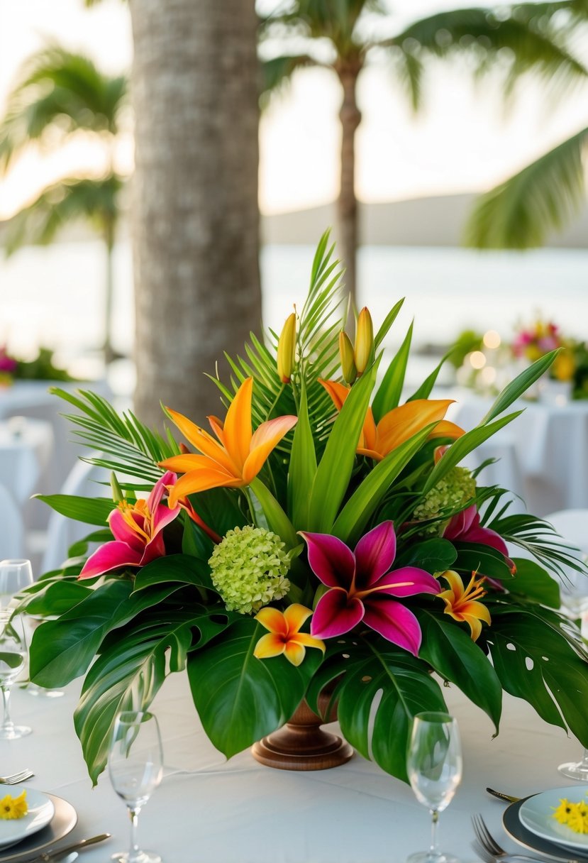 Lush green foliage and vibrant tropical flowers arranged in a traditional Hawaiian style for a wedding table centerpiece