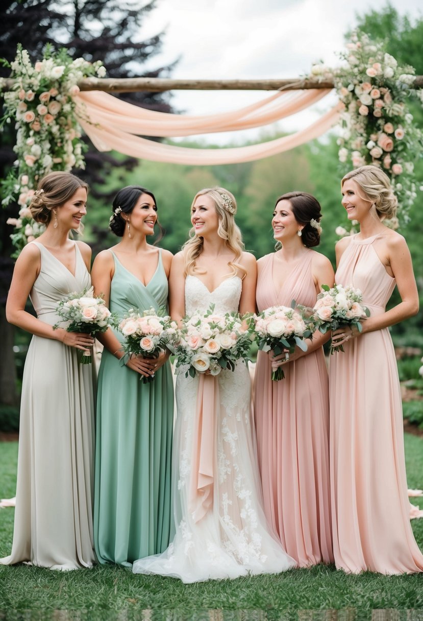 Mismatched bridesmaid dresses in blush sage green and blush pink, arranged in a whimsical and romantic outdoor wedding setting