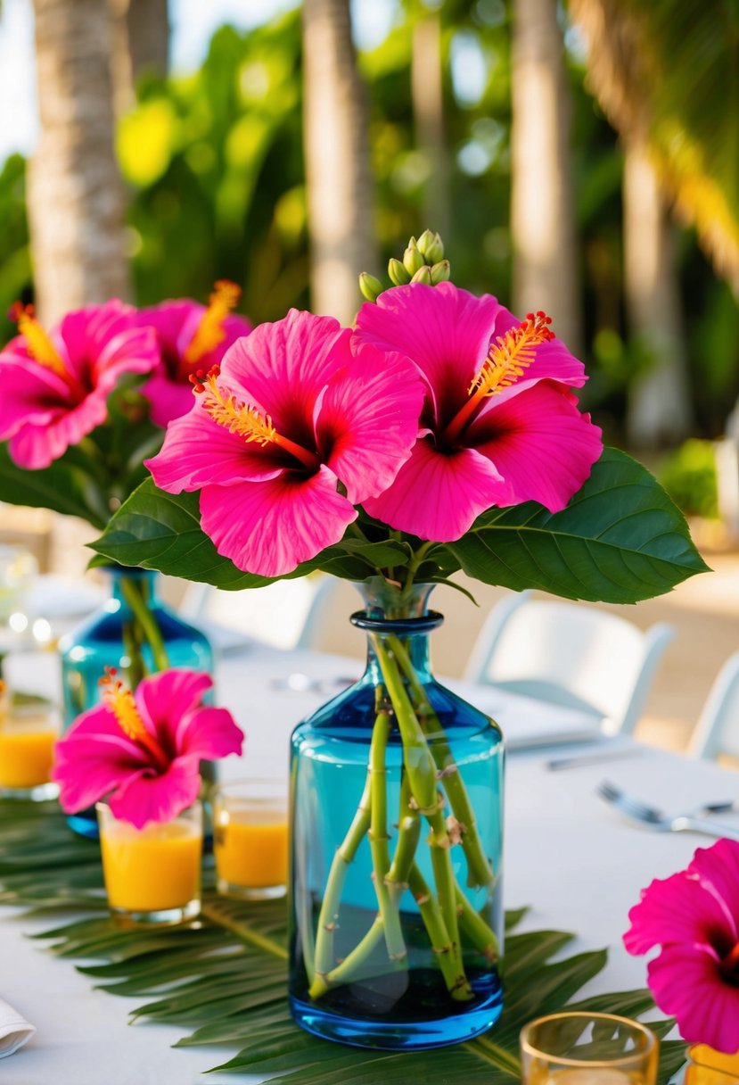 Vibrant hibiscus flowers in vases adorn a tropical wedding table in Hawaii