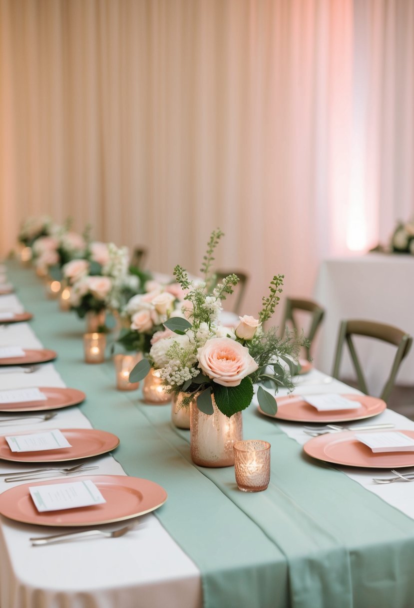 A wedding reception table with sage green runners and blush pink accents