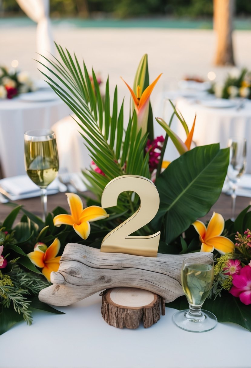 Driftwood table numbers arranged with tropical flowers and greenery