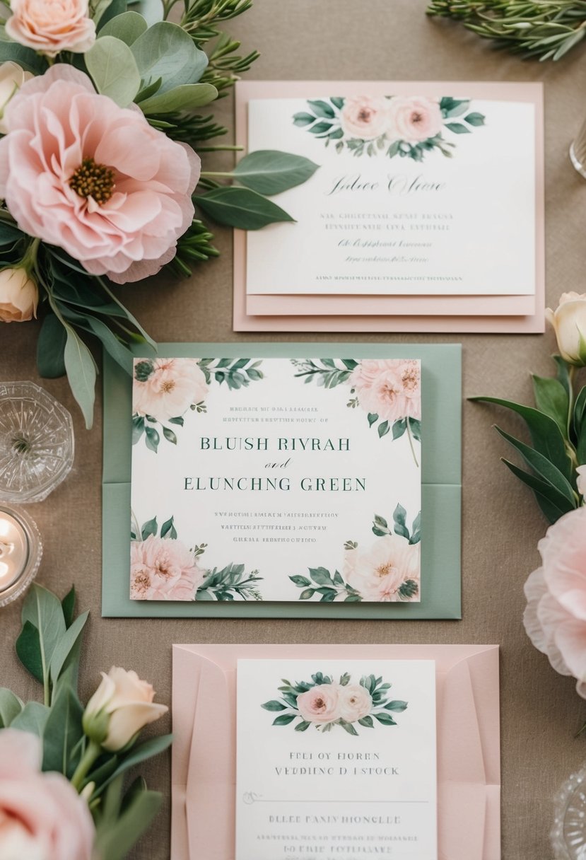 Blush pink and sage green floral arrangements on wedding invitations