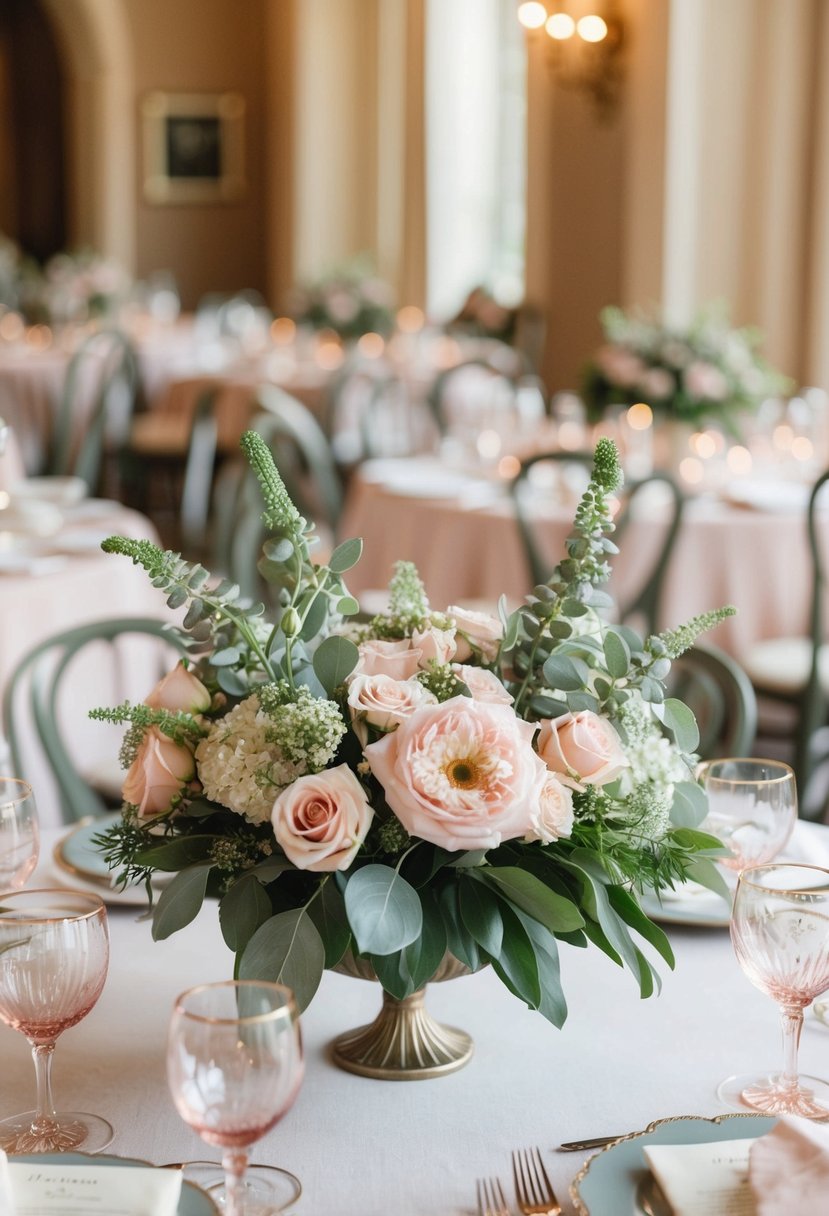 Sage and blush flowers fill elegant centerpieces at a romantic wedding