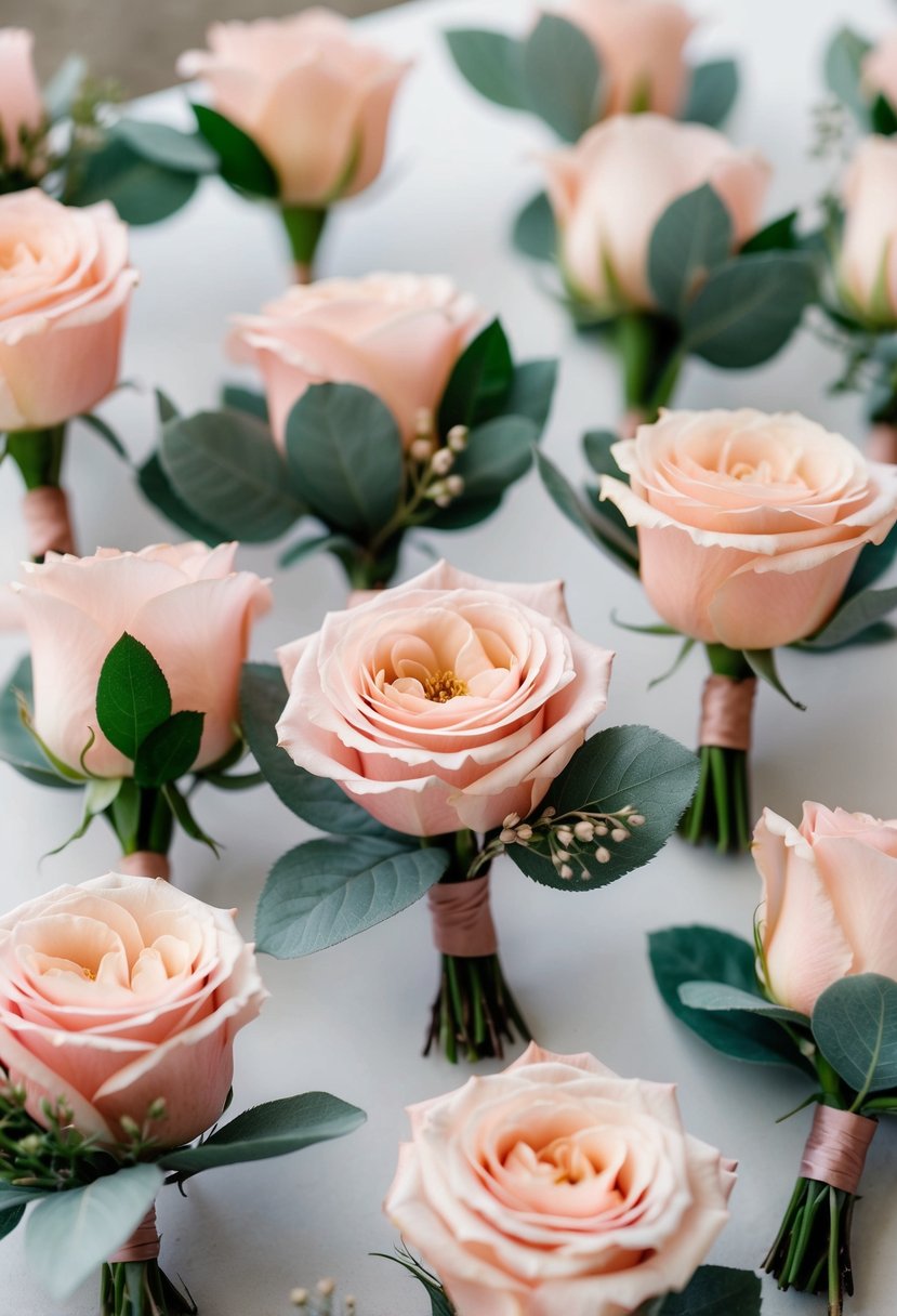 Blush pink roses and sage green foliage arranged into elegant boutonnières for a wedding