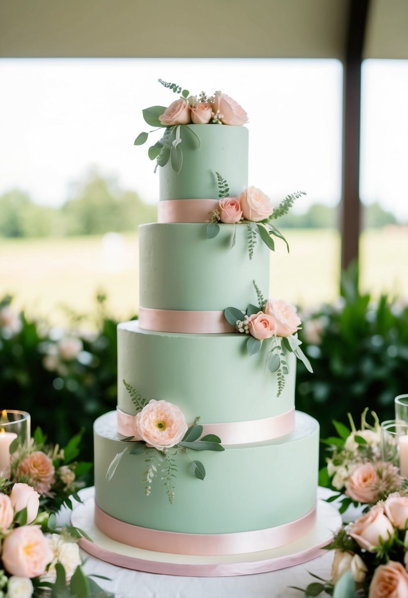 A three-tiered wedding cake adorned with sage green and blush pink accents, surrounded by floral arrangements in the same color scheme