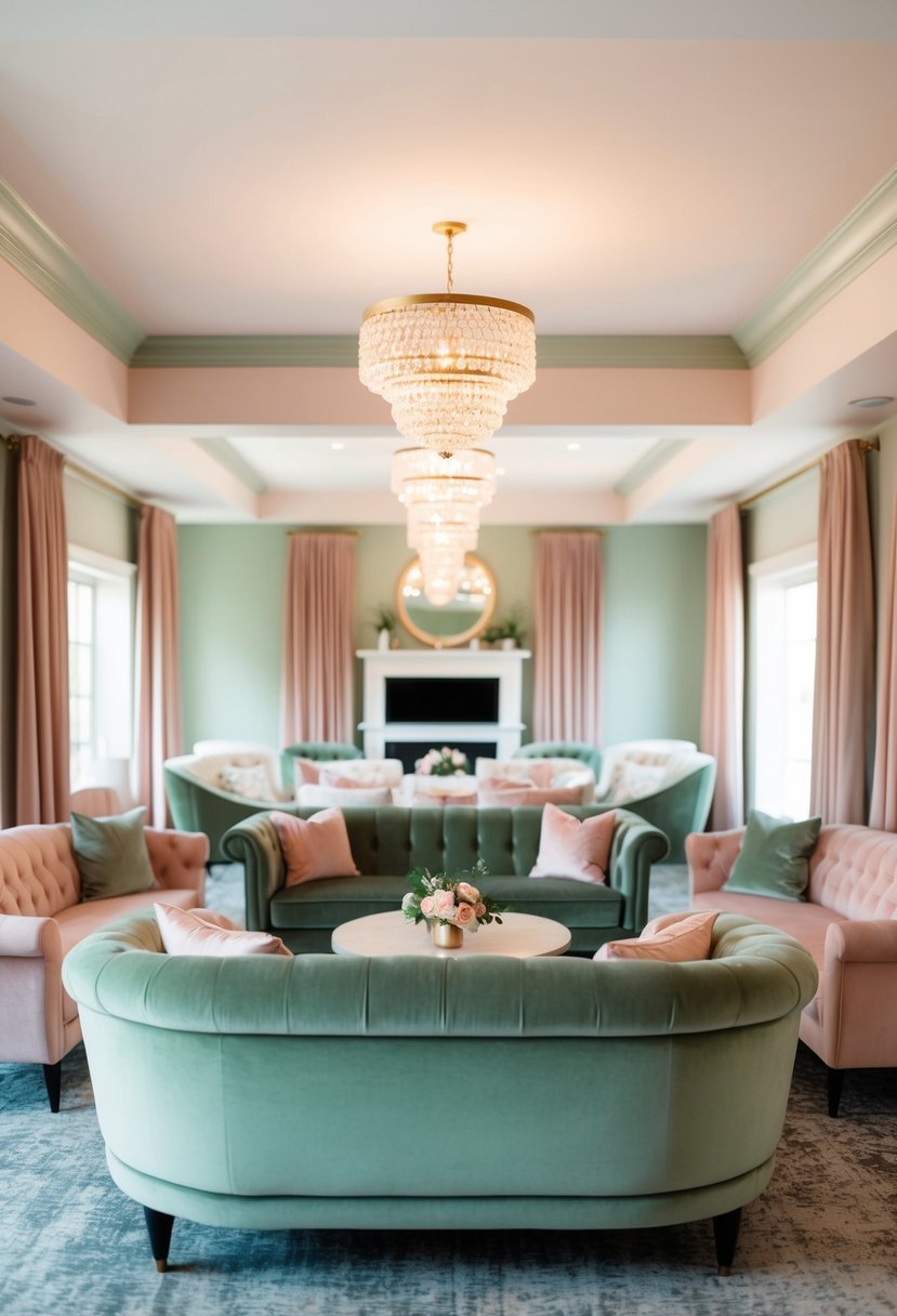 A cozy sage green velvet lounge area with blush pink accents for a wedding