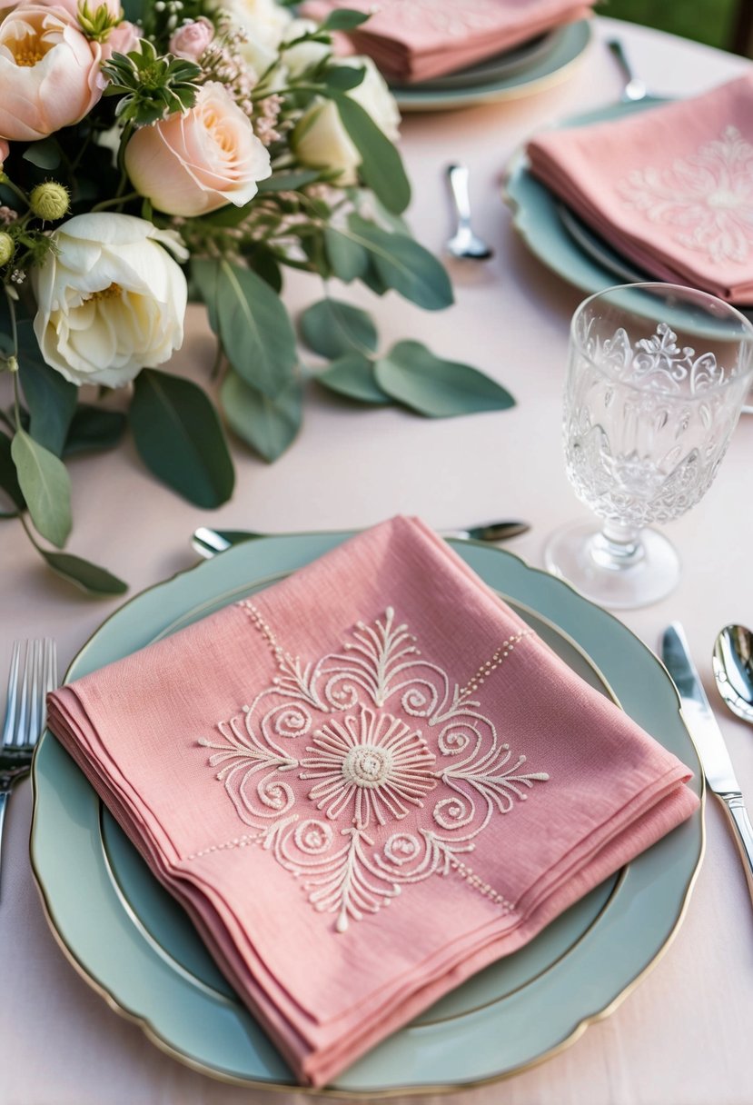 Blush pink napkins folded into intricate designs, paired with sage green accents for a romantic wedding setting