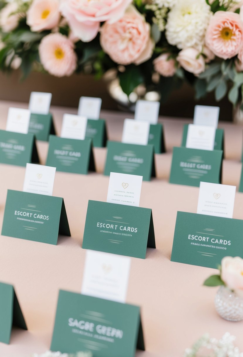 Sage green escort cards arranged with blush pink floral decor for a wedding reception