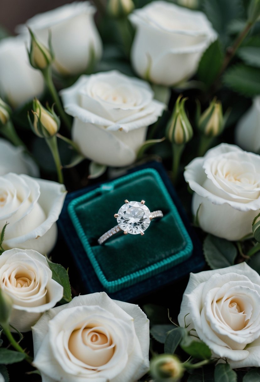 A sparkling diamond ring nestled in a bed of delicate white roses and greenery