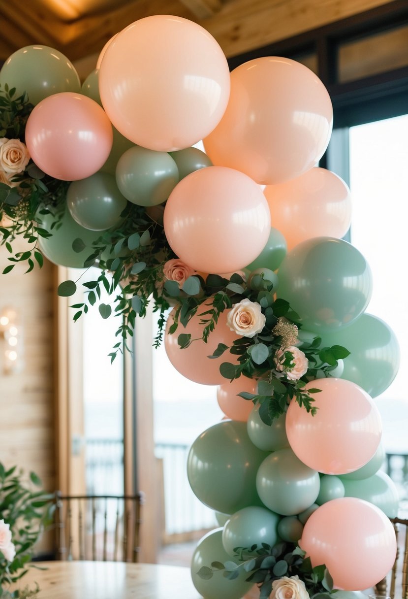 A lush balloon garland in blush and sage green decorates a romantic wedding setting