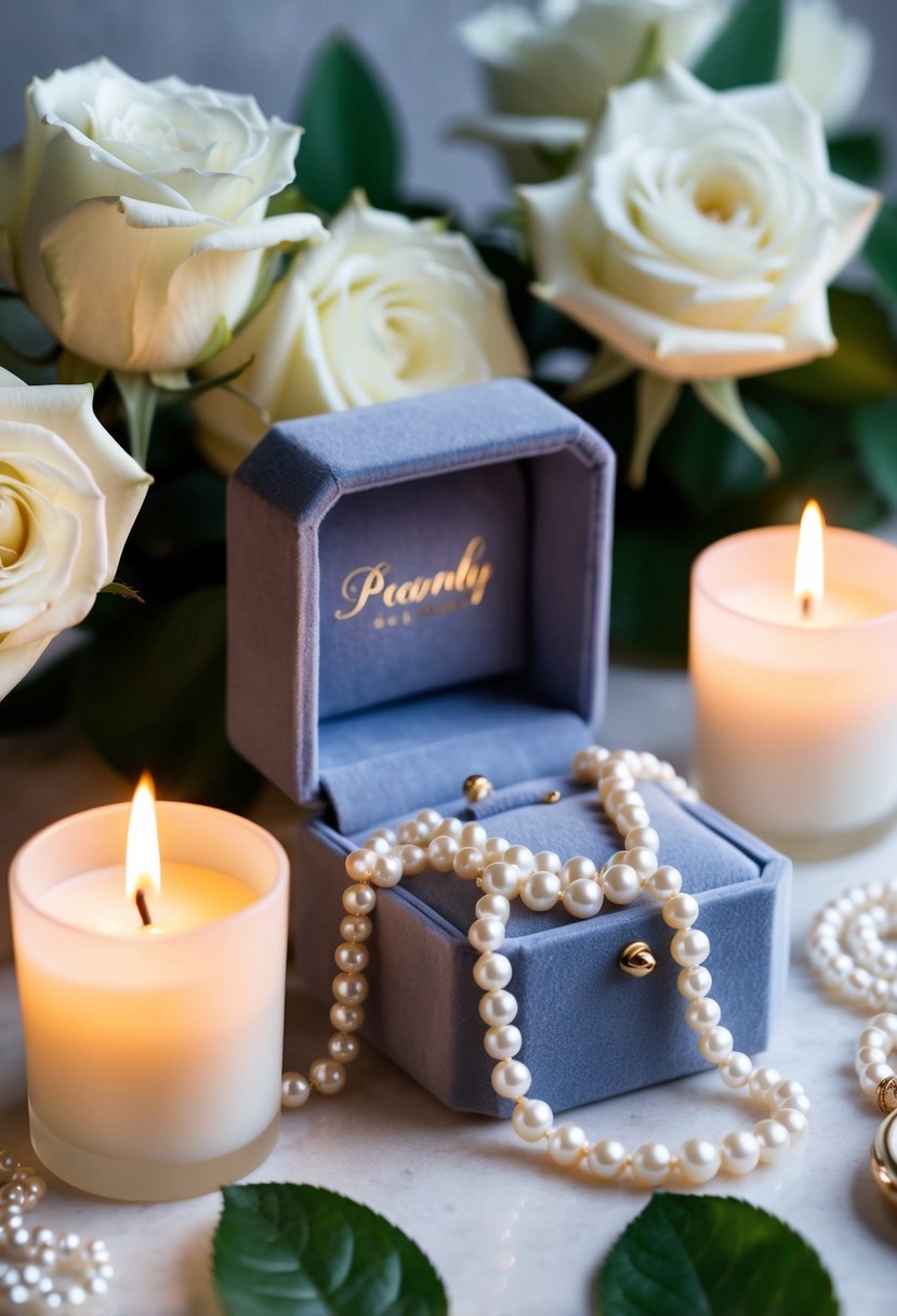 A delicate pearl necklace draped over a velvet jewelry box, surrounded by soft candlelight and fresh white roses