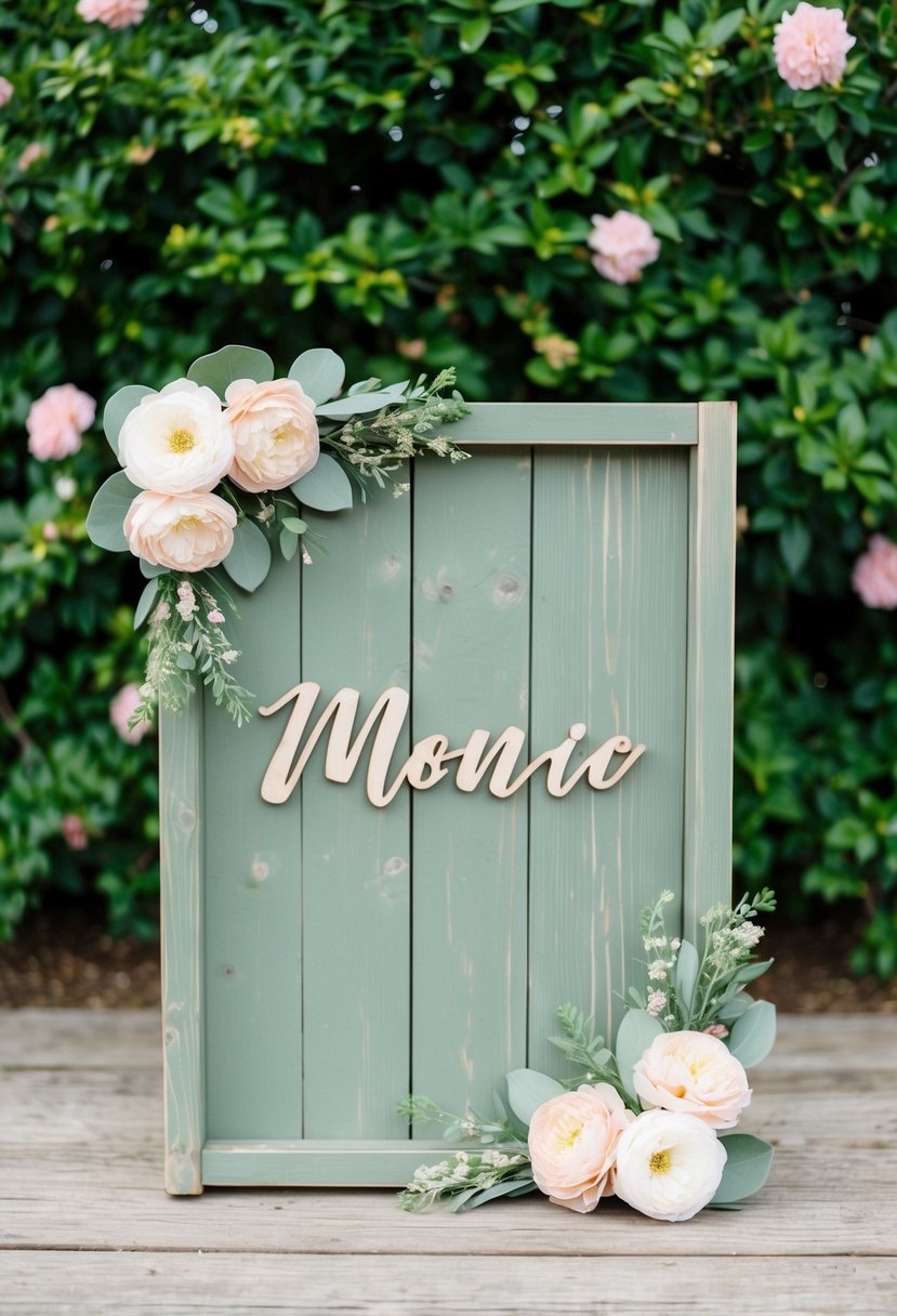 A rustic wooden sign with sage green and blush pink floral accents, set against a backdrop of lush greenery and soft pink blooms