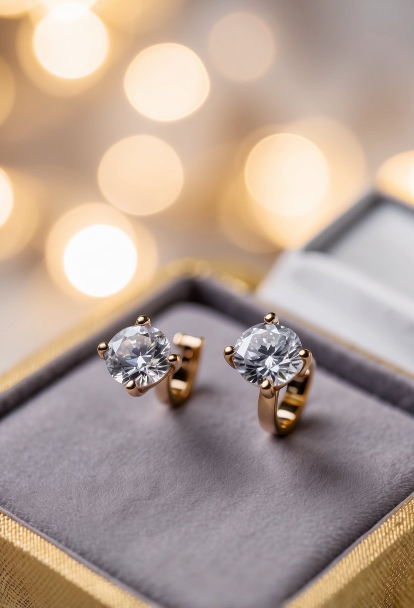 Two diamond stud earrings on a velvet display, surrounded by soft, romantic lighting