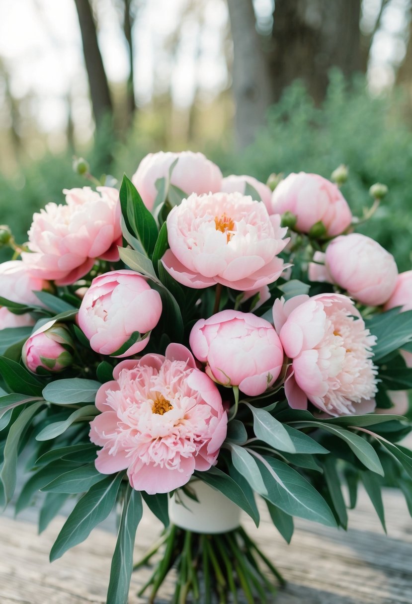 A lush bouquet of blush pink peonies surrounded by sage green foliage