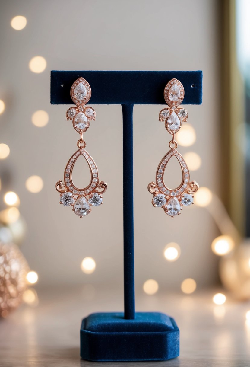 A pair of rose gold chandelier earrings displayed on a velvet jewelry stand, surrounded by soft, romantic lighting