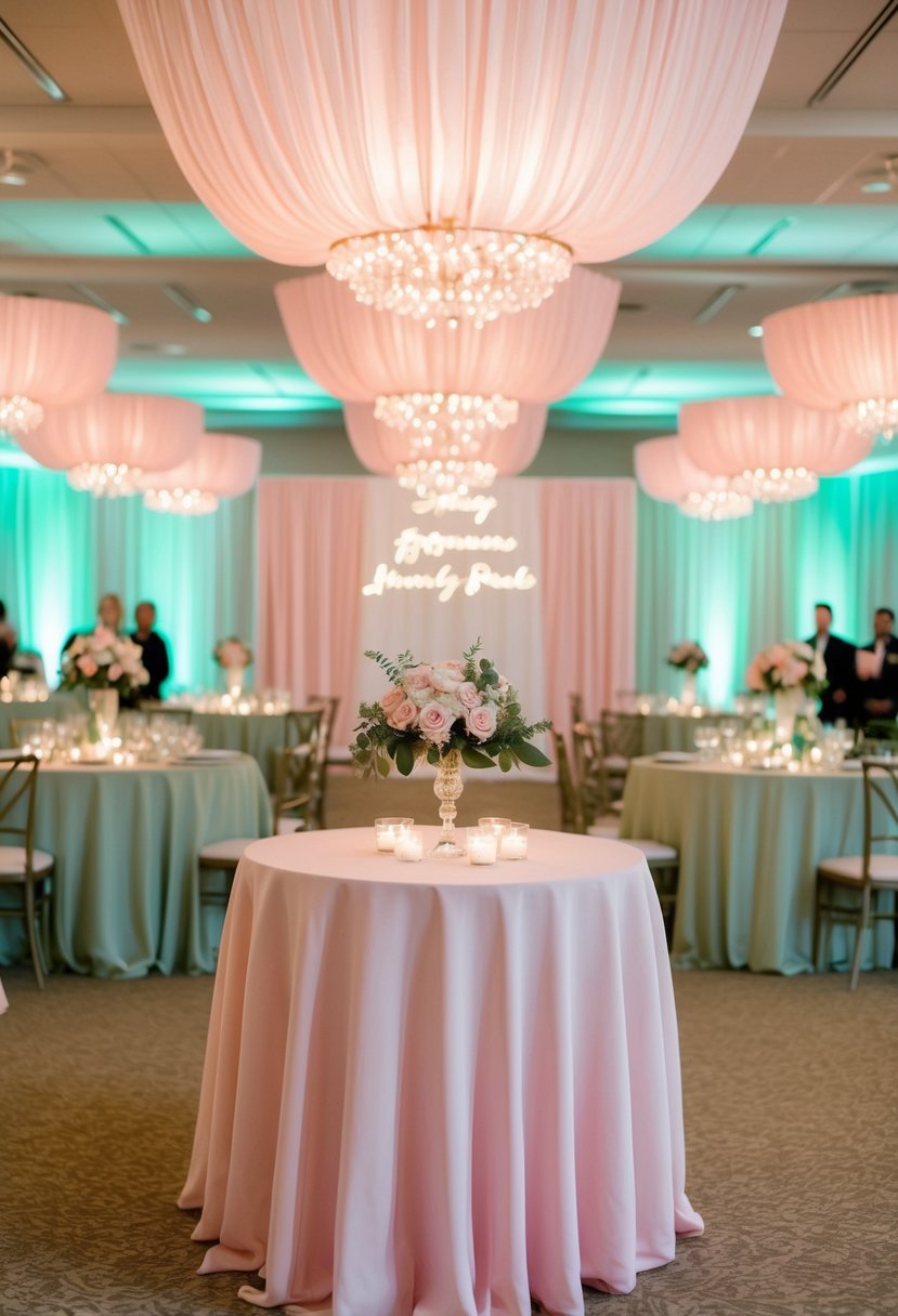 Blush pink uplighting illuminates a sage green and blush pink reception, creating a romantic and elegant atmosphere