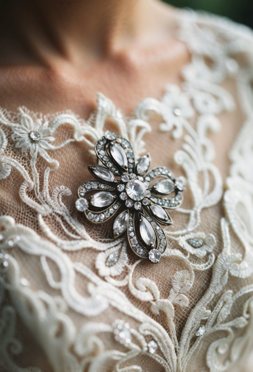 A delicate vintage-inspired gemstone brooch adorns a lace bridal gown, catching the light with its intricate design and sparkling gems