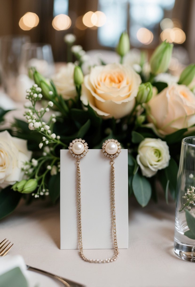 A table adorned with pearl and chain ear jackets, surrounded by floral arrangements and wedding decor