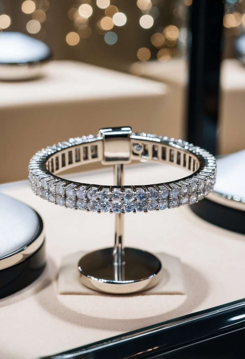 A sparkling cubic zirconia bracelet adorns a silver jewelry display